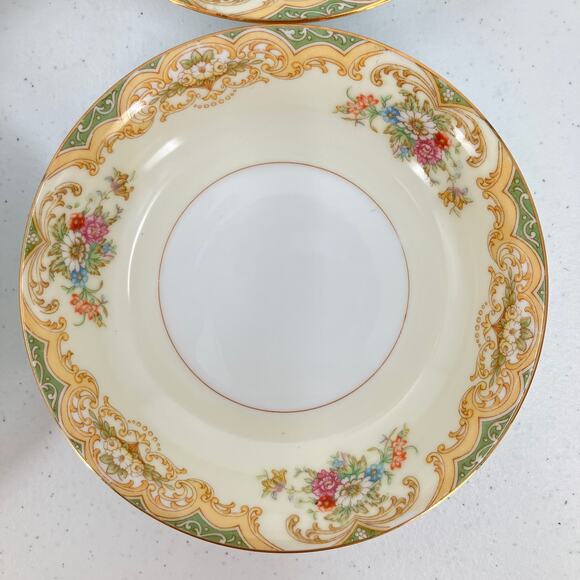 Vintage Noritake 6 Set Green Cream Gold Trim Floral Pattern Dessert Fruit Bowls - Picture 2 of 7